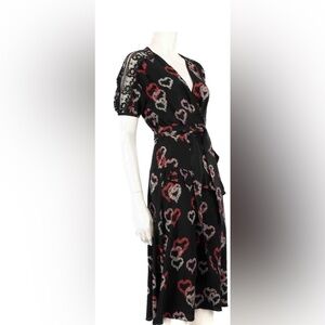 Sandro Paris Elegant Black Midi Dress with Red Heart flowers Accents